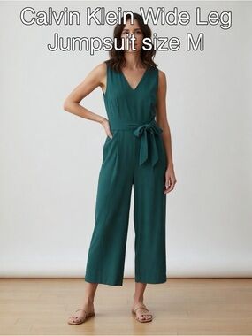 Calvin Klein Green Sleeveless Wide Leg Jumpsuit with Tie Waist Size M